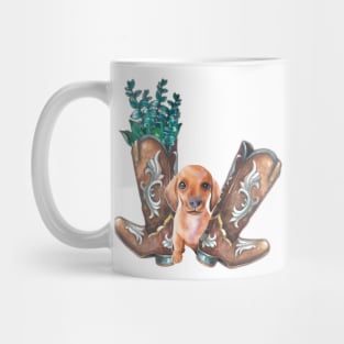 Cute Dachshund Puppy and Cowboy Boots Watercolor Art Mug